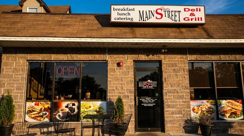 Exterior of Main Street Deli & Grill, a brick building with large windows displaying food images and an "OPEN" sign.