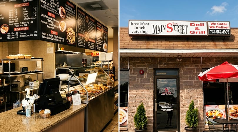 Interior view of a deli counter with menu boards and an exterior view of Main Street Deli & Grill.
